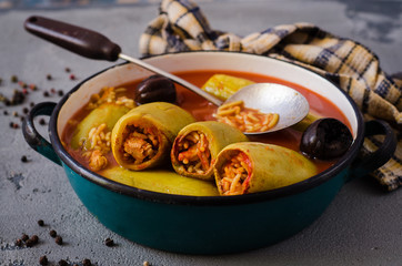 Kusa mahshe - the stuffed vegetable marrow with rice, chicken and pine nuts. Arabic cuisine. Ramadan food