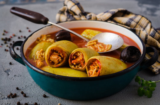 Kusa mahshe - the stuffed vegetable marrow with rice, chicken and pine nuts. Arabic cuisine. Ramadan food