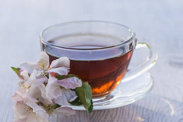 tea time/transparent cup of tea and apples flowers on white wooden table