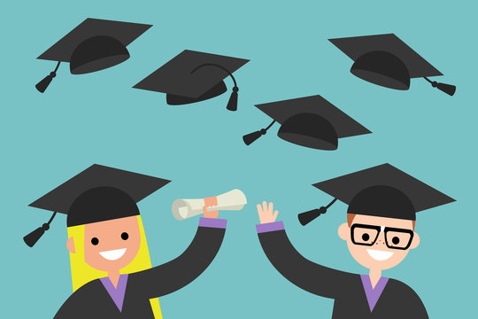 Happy graduates throwing their graduation hats in the air / flat editable vector illustration, clip art