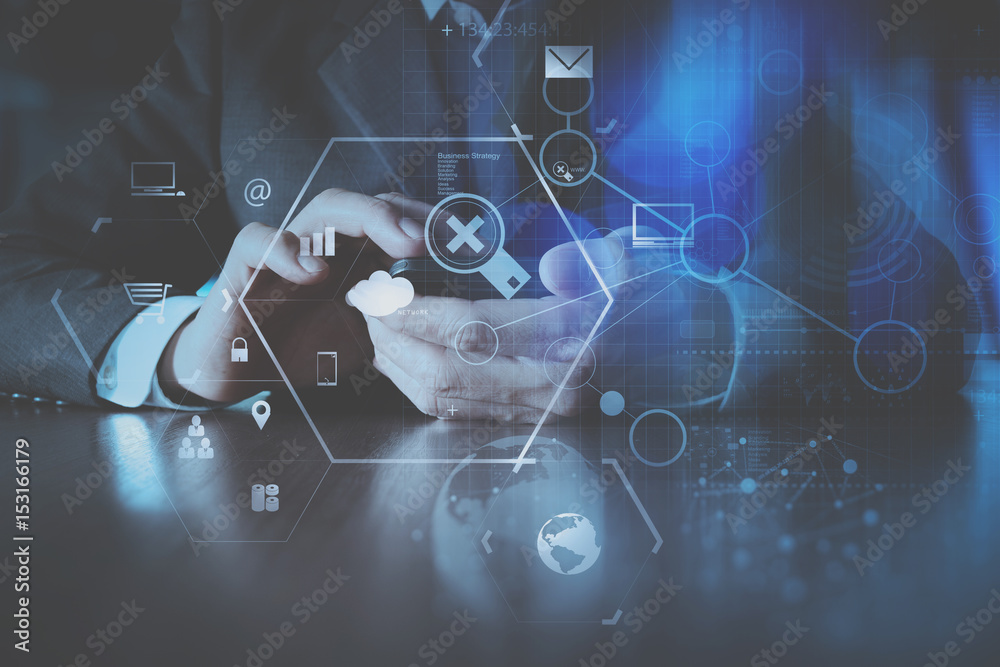 Poster businessman hand working with modern laptop computer in modern office with virtual icon diagram