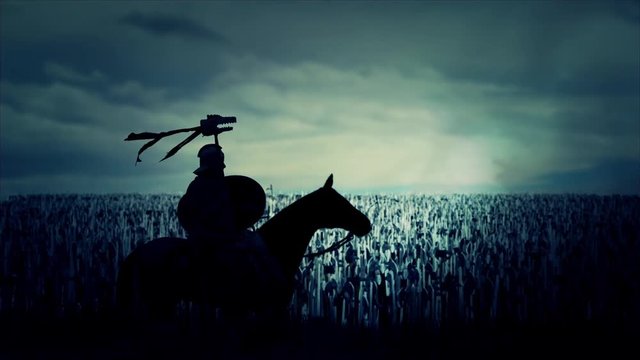 Epic Roman Soldier on a Horse Holding The Draco In Front of Massive Army Before Battle