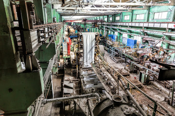 Slate production plant. Conveyor line. Workshop on processing of asbestos