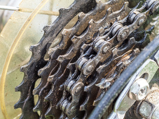 Closeup of a bicycle gears mechanism and chain