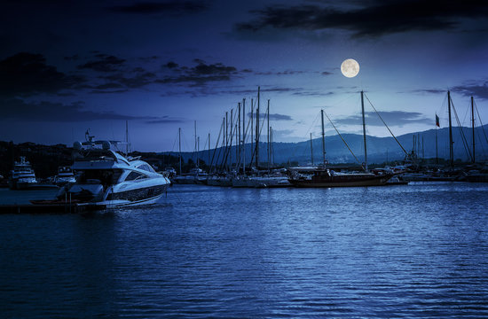 yacht at the pier  at night
