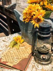 Vintage Still Life, Lantern, Watering Can, Sunflowers, Sheet Music