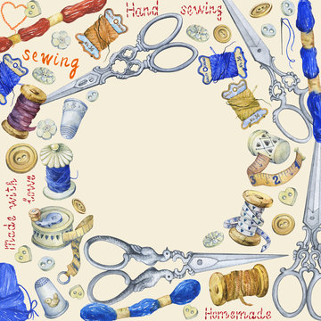 Round frame with various vintage objects for sewing, handicraft and handmade. Hand painted watercolor illustration isolated on yellow background.
