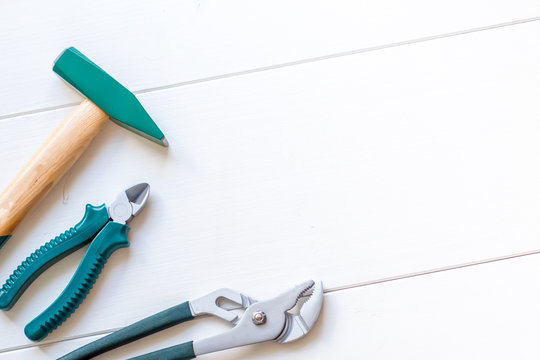 Happy Fathers Day, tool on white wooden background