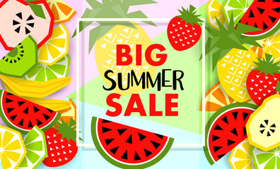Summer banner with fruit, place for text. Vector