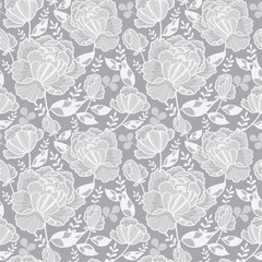 Vector Silver Grey Decorative Roses and Leaves Seamless Repeat Pattern Background. Great for handmade cards, invitations, wallpaper, packaging, wedding designs.