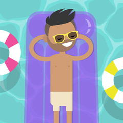 Young character lying on the inflatable mattress in the swimming pool. Top view / flat editable vector illustration, clip art