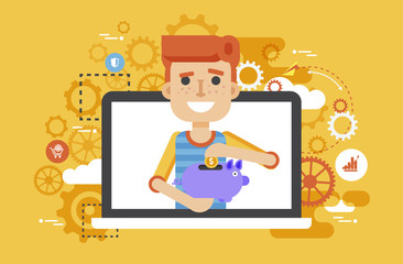 Vector illustration man piggy bank in hands design element for financial education, banking, deposit, saving, discount, online promotion, marketing, management flat style