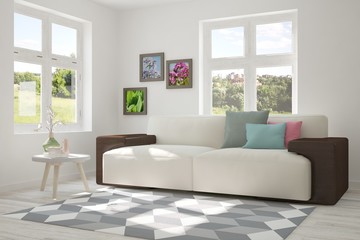 White room with sofa and green landscape in window. Scandinavian interior design. 3D illustration