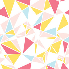 Vector pink, blue and yellow triangles abstract seamless repeat pattern design. Great for modern fabric, wallpaper, scrapbooking, giftwrap, packaging projects.