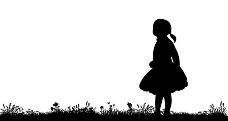 silhouette little girl walking in the nature, walk