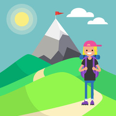 Tourist in mountains. Outdoor activity. Vector illustration, clip art. Flat illustration