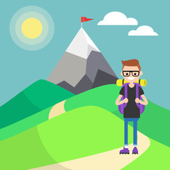 Tourist in mountains. Outdoor activity. Vector illustration, clip art. Flat illustration