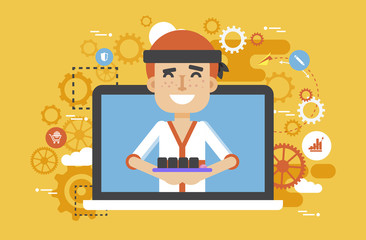 Vector illustration manufacture Japanese food, sushi master, man design element for delivery service business, online sale, order, booking, promotion management flat style