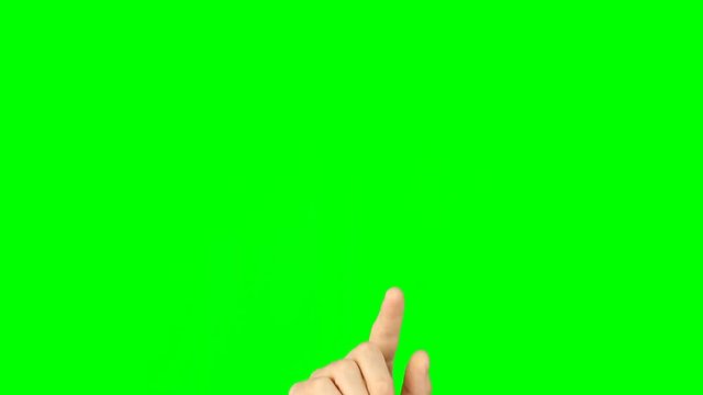 All gestures with 1 fingers front view green background. Multi touch gestures hand on green screen. Tap double-tap swipe slide up down right left hold drag pinch touch finger gestures. Have same back.