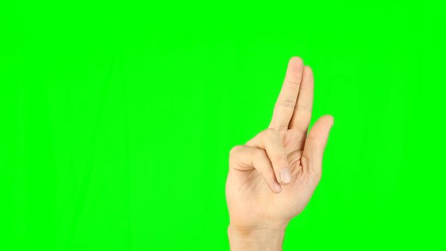 Gestures with 2 fingers front view green background. Tap double-tap swipe slide up down right left hold drag pinch touch finger gestures. Multi touch gestures hand on green screen. Have back view too.