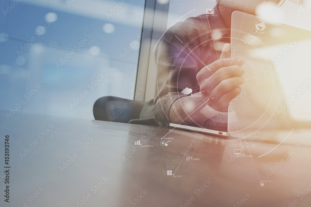 Poster businessman working with mobile phone and digital tablet and laptop computer on wooden desk in modern office with virtual icon diagram