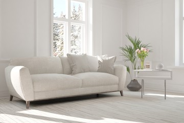 White modern room with sofa. Scandinavian interior design. 3D illustration