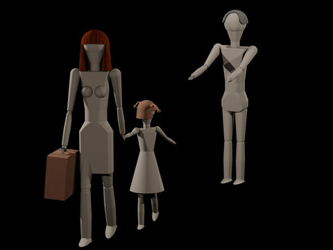 Eine Frau verlässt ihren Mann mit ihrer Tochter (3D-Rendering mit Holzpupen)