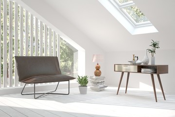 Fototapeta premium White room with armchair and green landscape in window. Scandinavian interior design. 3D illustration