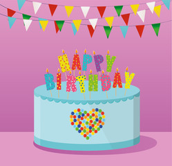 A festive multicolored and iridescent big cake with candles