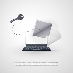 Laptop and Envelope - Backdoor Infection by E-mail - Virus, Malware, Ransomware, Fraud, Spam, Phishing, Email Scam, Hacker Attack - IT Security Concept Design, Vector illustration
