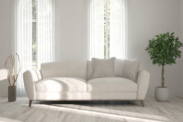 White modern room with sofa. Scandinavian interior design. 3D illustration