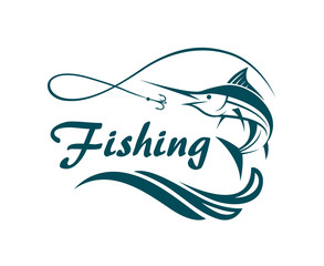 swordfish fishing emblem with waves and hook