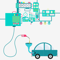 Machinery of factory refining gasoline and refueling a car. Car being fueled by a gas pump.