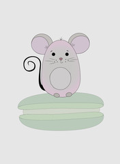 A small and cute mouse sitting on a macarons. Vector Illustration