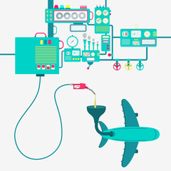 Machinery of factory refining gasoline and refueling a plane. Airplane being fueled by a gas pump.