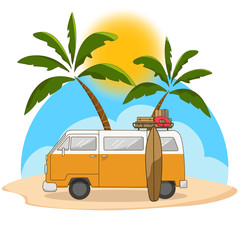 Retro travel van with surfing board and palm tree