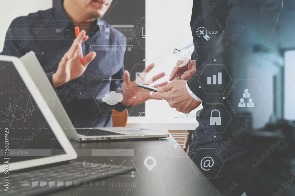 Poster co working team meeting concept,businessman using smart phone and digital tablet and laptop computer