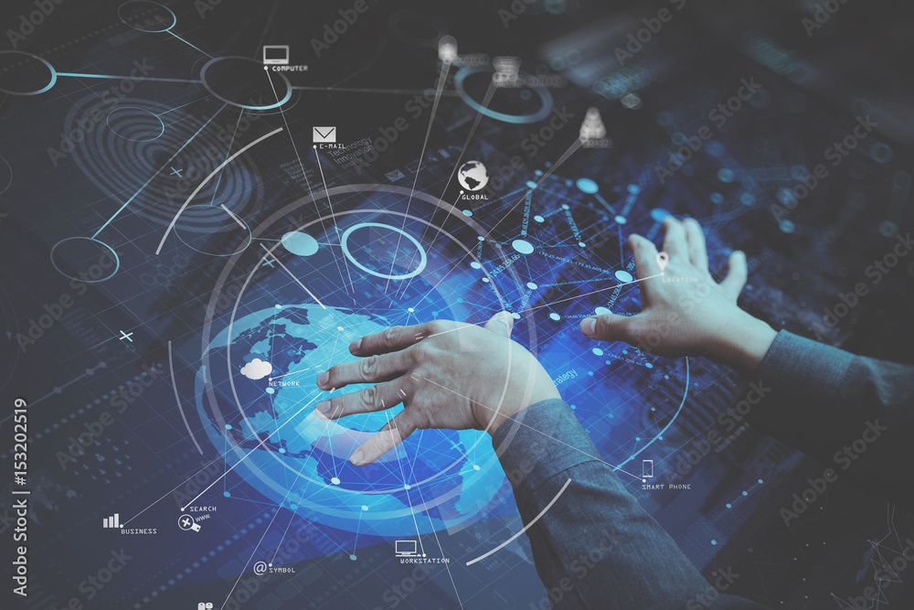 Aufkleber businessman hand working with modern computer in modern office with virtual icon diagram