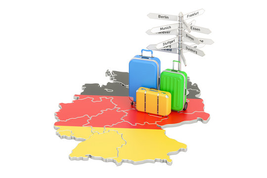 Germany travel concept. German flag on map with suitcases and signpost, 3D rendering