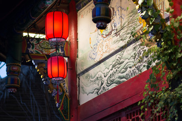 Barrel-shaped Chinese double red lantern in the early evening