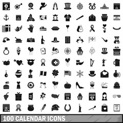 100 calendar icons set, simple style 