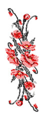 Color  bouquet of flowers (poppies) pink and grey tones. Ukrainian embroidery elements. Scribble.  Can be used as pixel-art for border patterns.