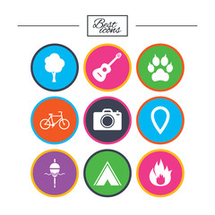 Tourism, camping icons. Fishing, fire and bike.