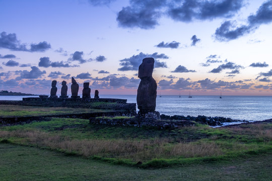 Ahu Tahai Moai Statues near Hanga Roa at sunset - Easter Island, Chile