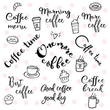 Fototapeta Coffee theme lettering and doodles. Coffee cup, muffin, donut, cupcake, croissant illustrations in one big set with hand drawn lettering.