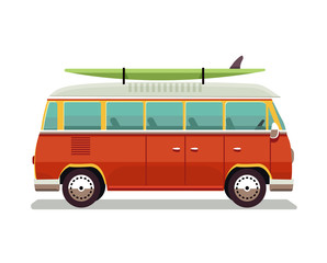Fototapeta na wymiar Retro travel red van icon. Surfer van. Vintage travel car. Old classic camper minivan. Retro hippie bus. Vector illustration in flat design isolated on white background.