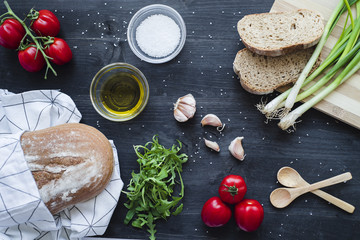 Mediterranean cuisine, tomatoes and spices on integral bread 