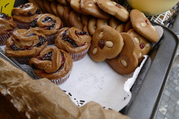 variety of sweet cakes on a market
