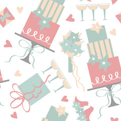 Wedding cake,gift, birds,  bridal bouquet. Vector pattern