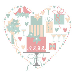 Wedding cake, gifts  in frame with heart. Vector illustration.
